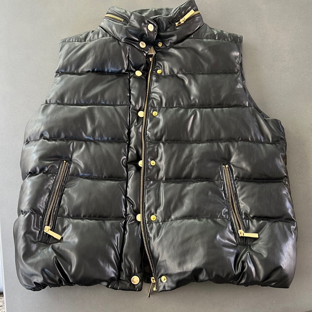 MICHAEL KORS Black Leather Puffer Vest XL